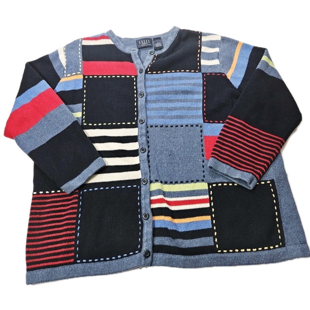 Liz Claiborne Crazy Horse Sweater Womans Size 2 Blue Red Striped Pullover